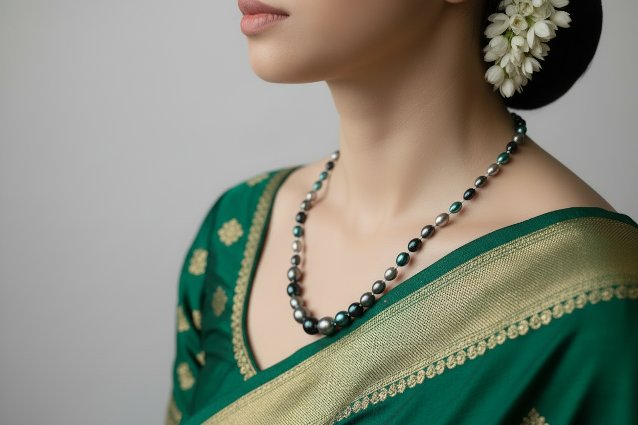 Blue colour designer pearl beaded necklace — handcrafted ethnic jewellery for women India