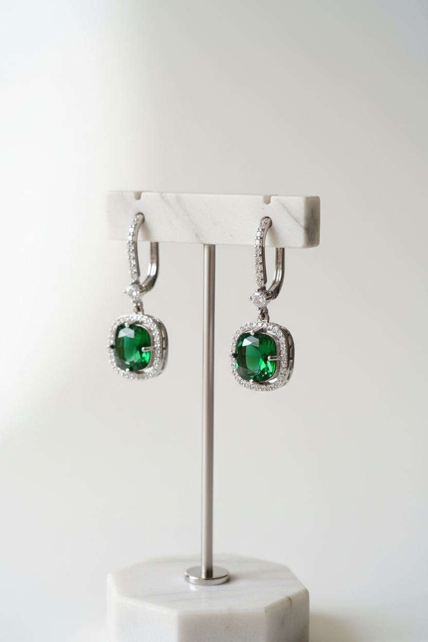 Green American diamond CZ stud earrings — party wear jewellery for women India

