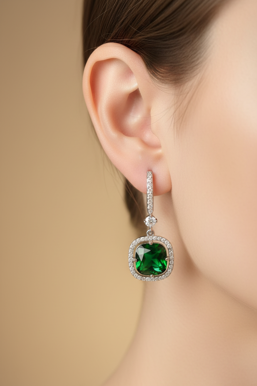 Green American diamond CZ stud earrings — festive ethnic jewellery for women India