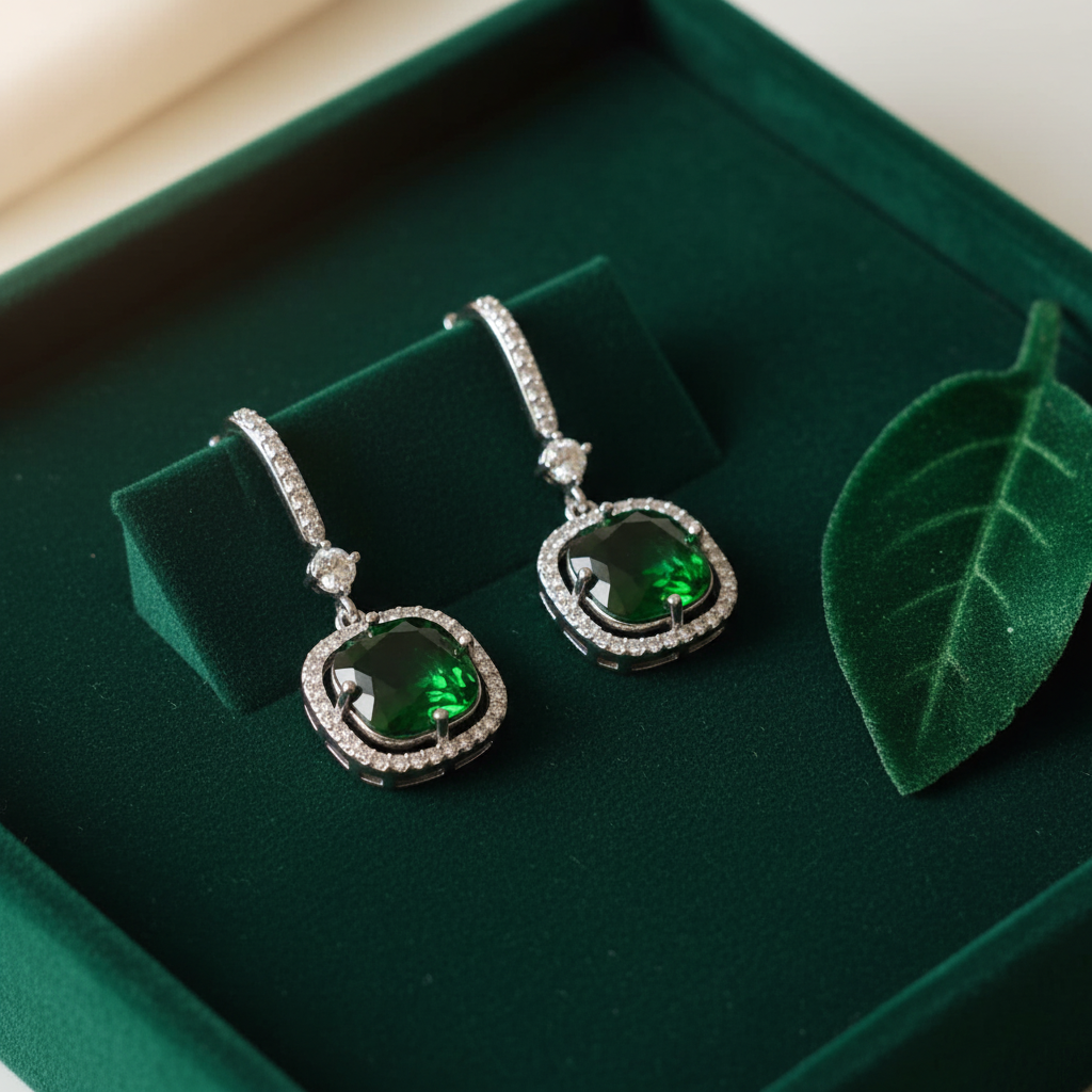 Green American diamond CZ stud earrings — festive ethnic jewellery for women India