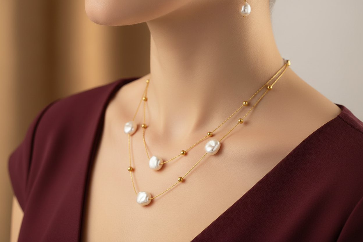 Gold plated pearl inlay stainless steel necklace — elegant office wear jewellery for women