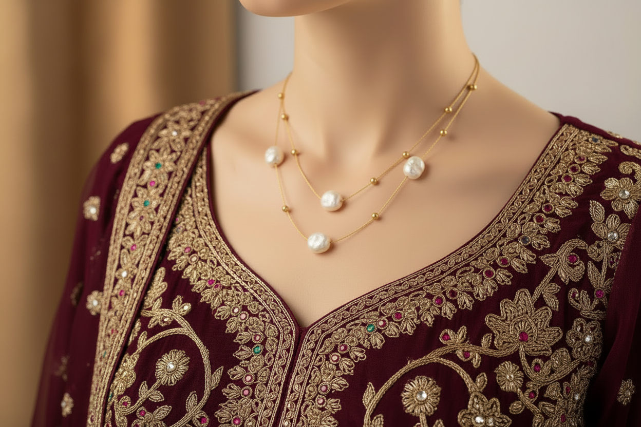 Gold plated layered pearl necklace — elegant minimalist jewellery gift for her India