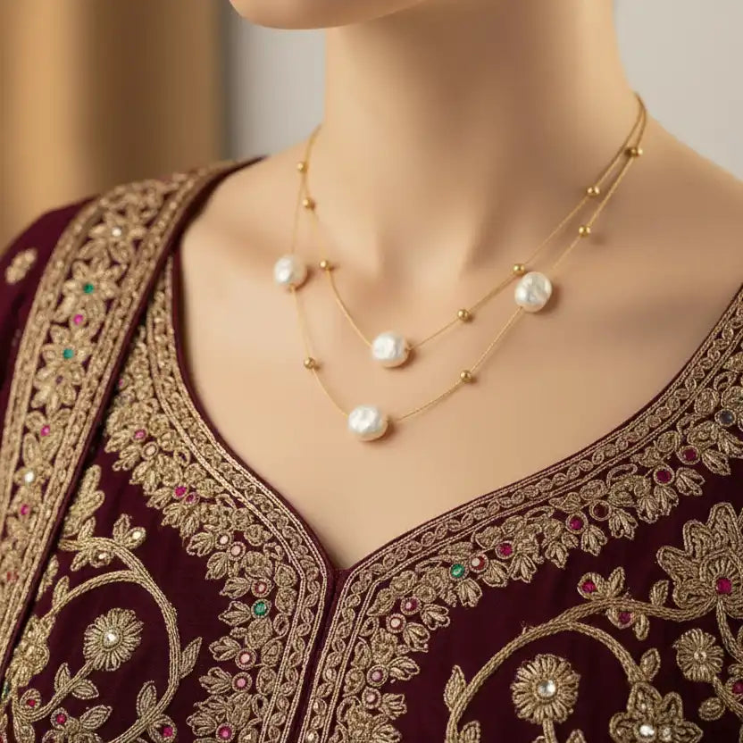 Gold plated layered pearl necklace — elegant minimalist jewellery gift for her India