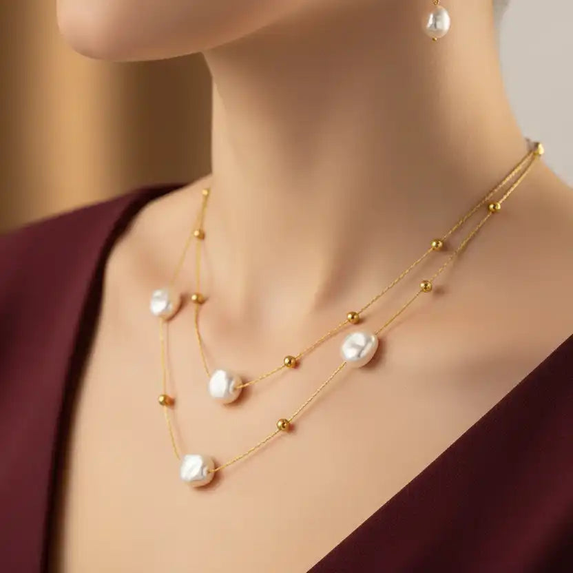 Gold plated pearl inlay stainless steel necklace — elegant office wear jewellery for women