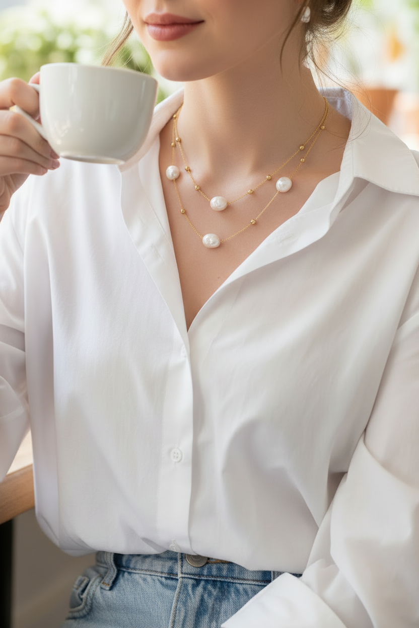 Gold plated layered pearl necklace — elegant minimalist jewellery gift for her India


