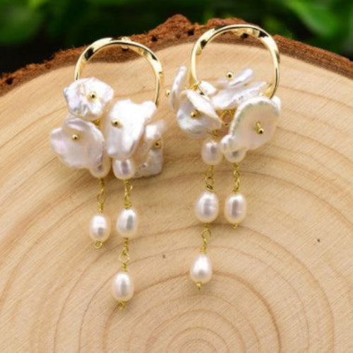 Pearl White Gold Hoop Baroque Freshwater Pearl Tassel Drop Earrings – handcrafted demi-fine for women – Oneofé