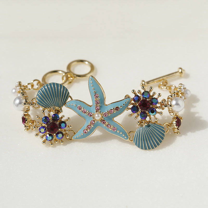 Hawaiian marine scallop starfish pearl rhinestone bracelet — beach vacation jewellery for women