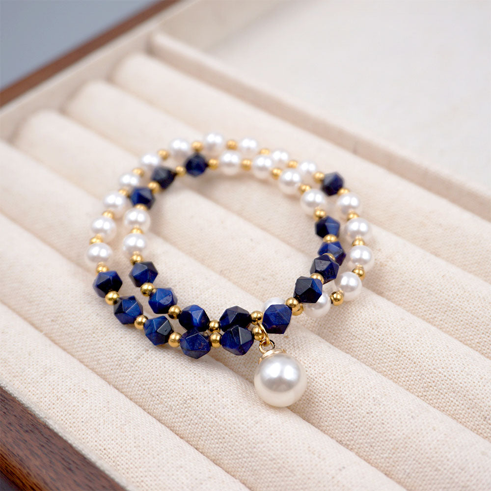 Gold plated white and blue pearl stone beaded bracelet — vintage style stackable jewellery for women India 