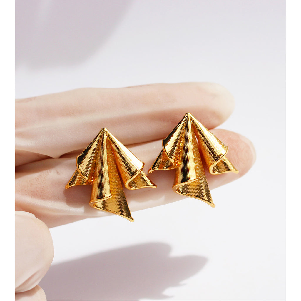 Luxurious queen pleated 24K gold plated brass stud earrings — elegant statement earrings for women