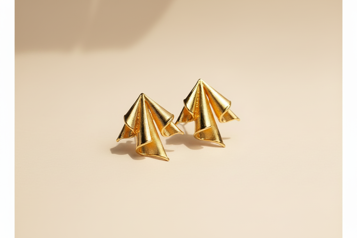 Gold plated luxurious queen pleated brass stud earrings – statement everyday jewellery for women – Oneofé