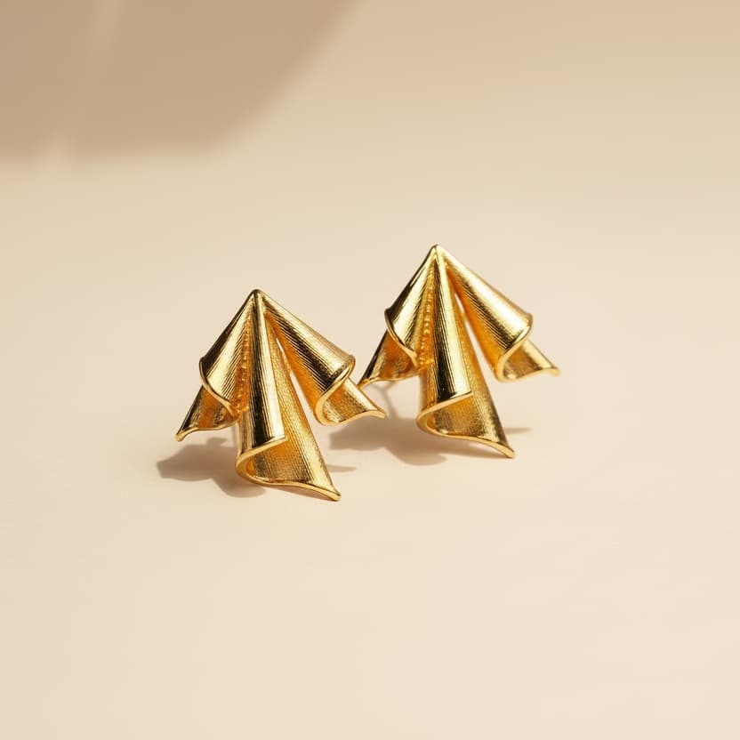 Gold plated luxurious queen pleated brass stud earrings – statement everyday jewellery for women – Oneofé