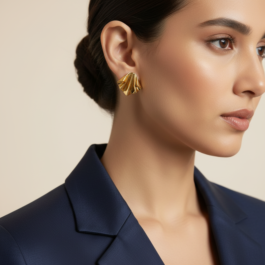 Luxurious queen pleated 24K gold plated brass stud earrings — elegant statement earrings for women
