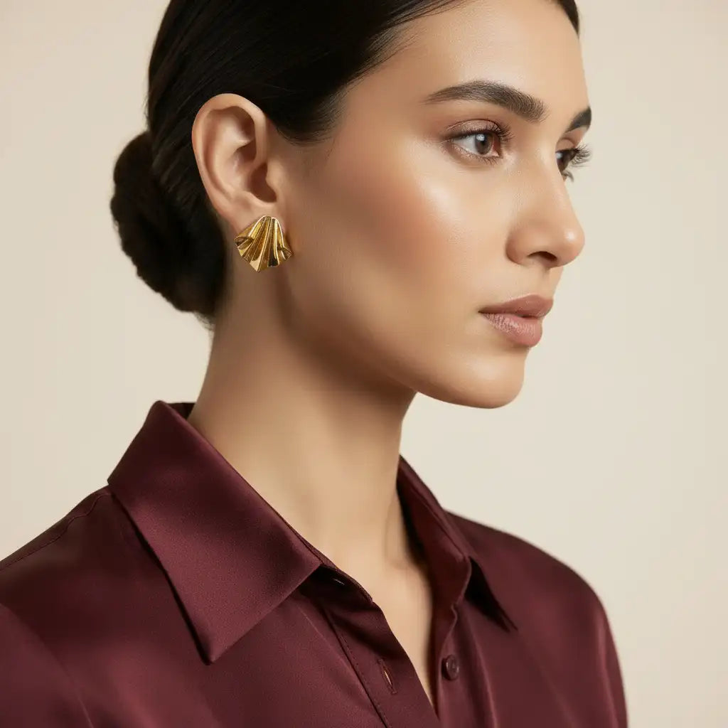 Luxurious queen pleated 24K gold plated brass stud earrings as workwear — elegant statement earrings for women