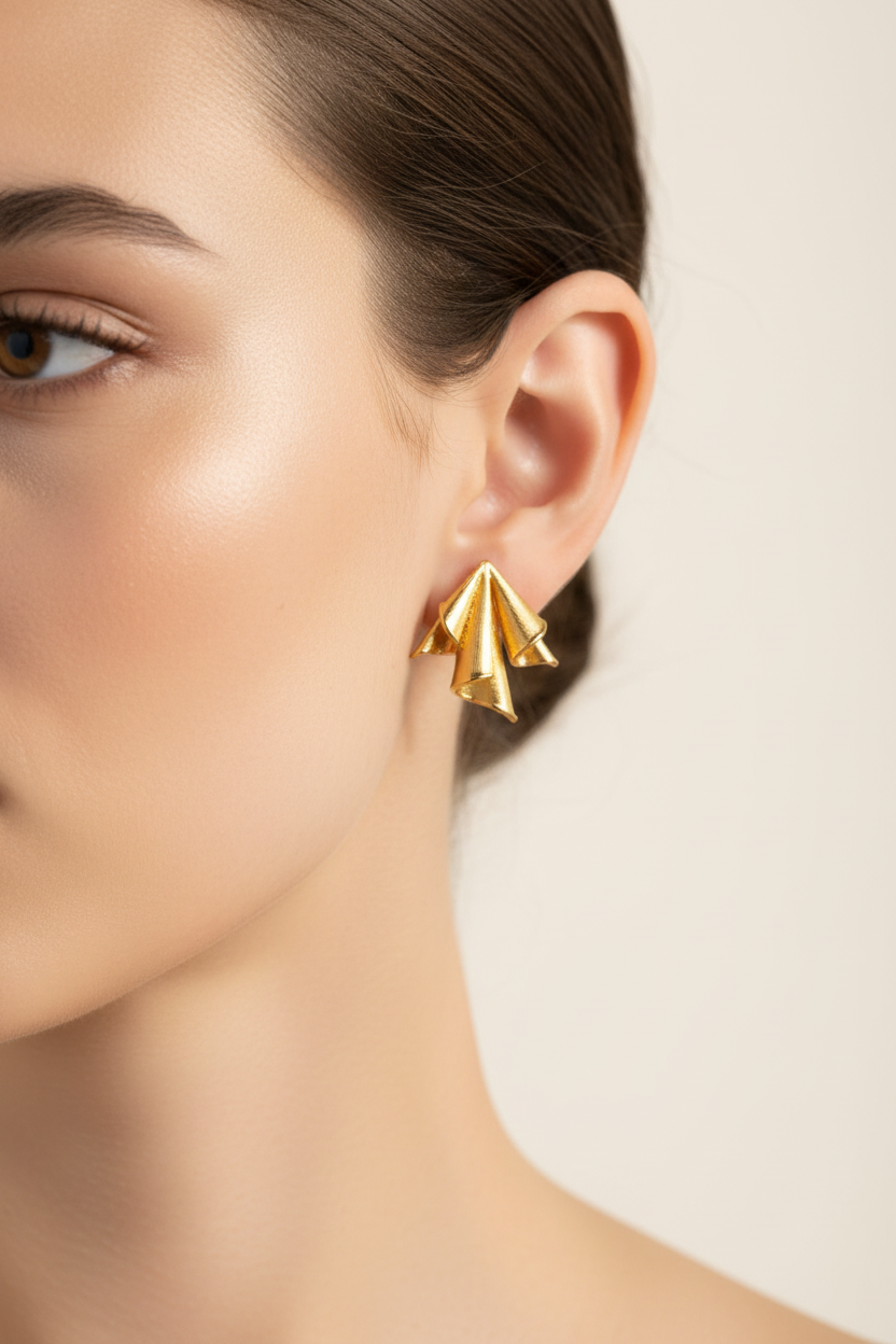 Gold plated luxurious queen pleated brass stud earrings – statement everyday jewellery for women – Oneofé