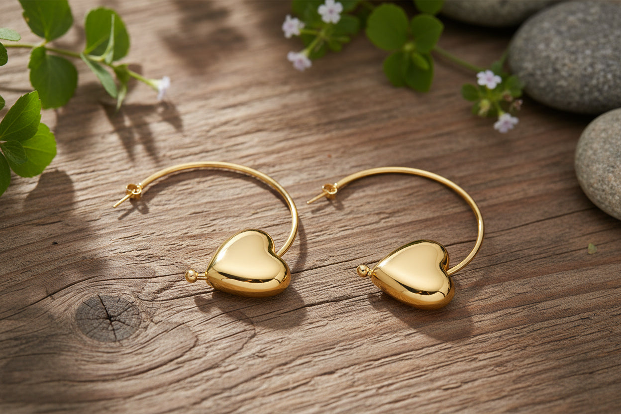 Gold plated heart shape ball ear hoop earrings – dainty everyday jewellery for women – Oneofé