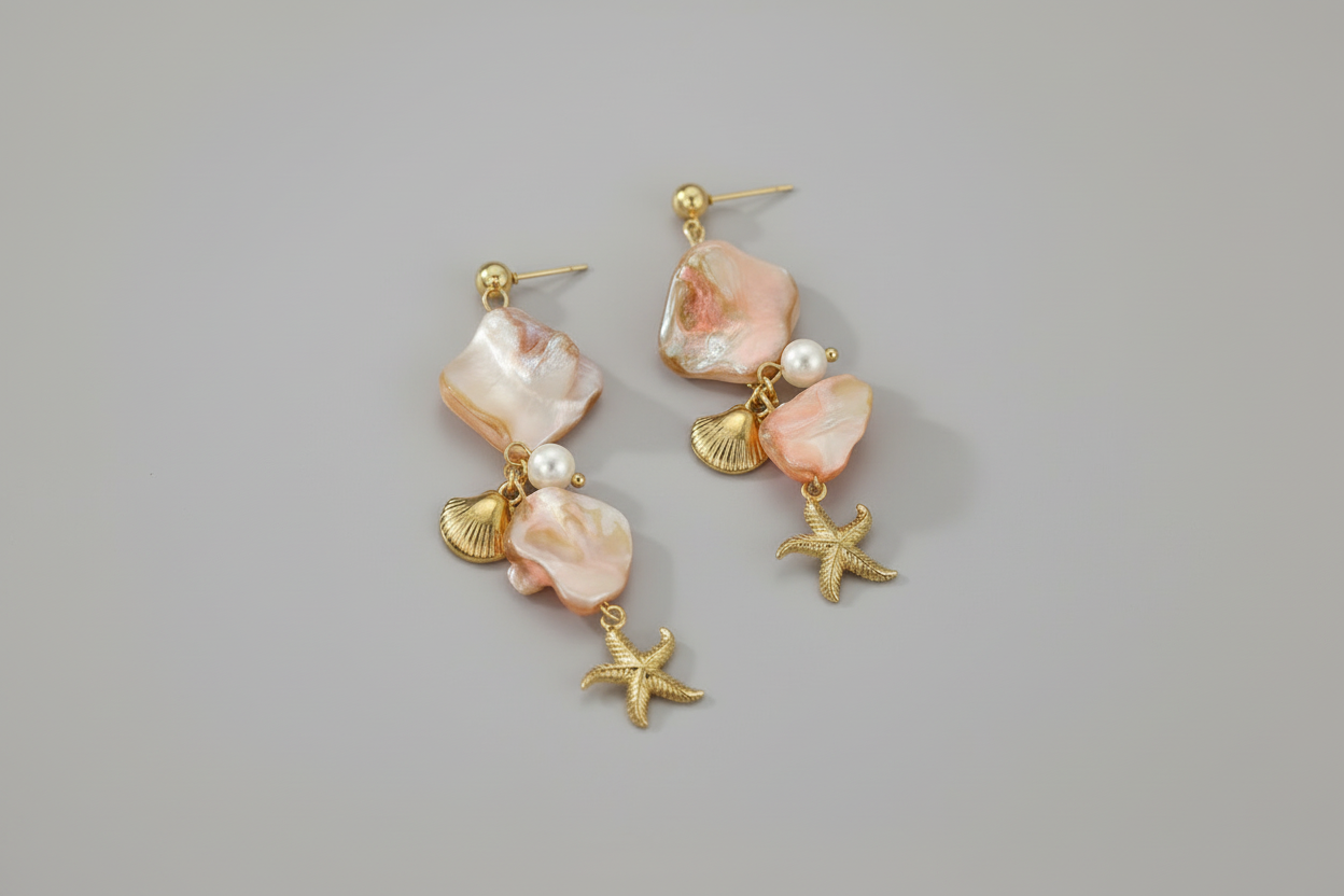 Gold plated scallop starfish drop earrings – boho beach statement jewellery for women – Oneofé