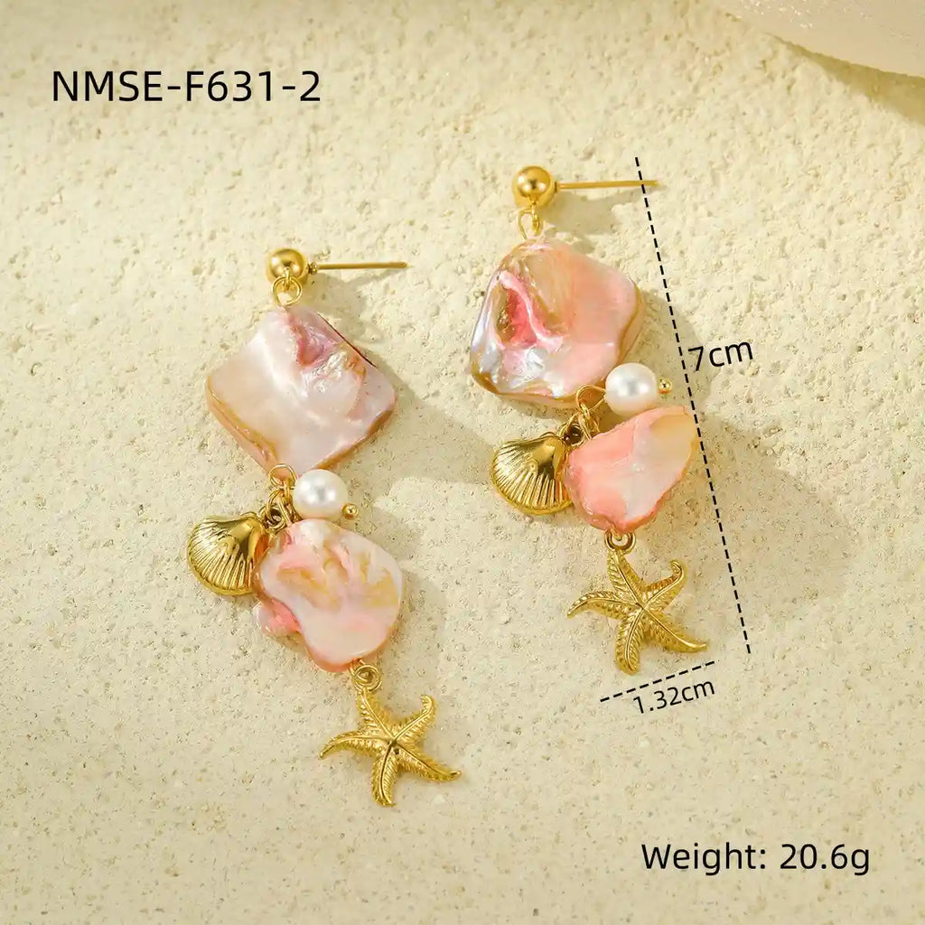 Close-up gold starfish scallop drop earrings – dainty everyday jewellery for women – Oneofé