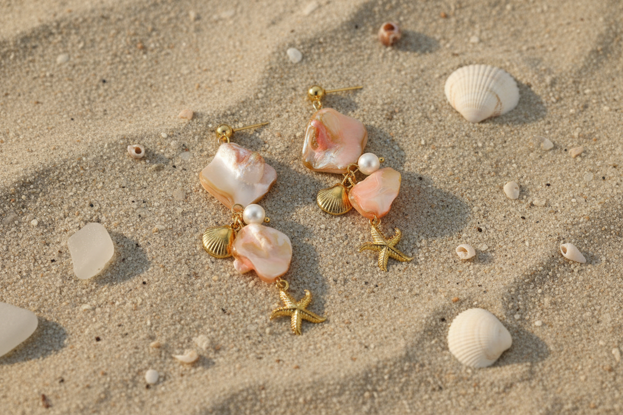 Gold plated scallop starfish drop earrings — beach vacation statement earrings for women India