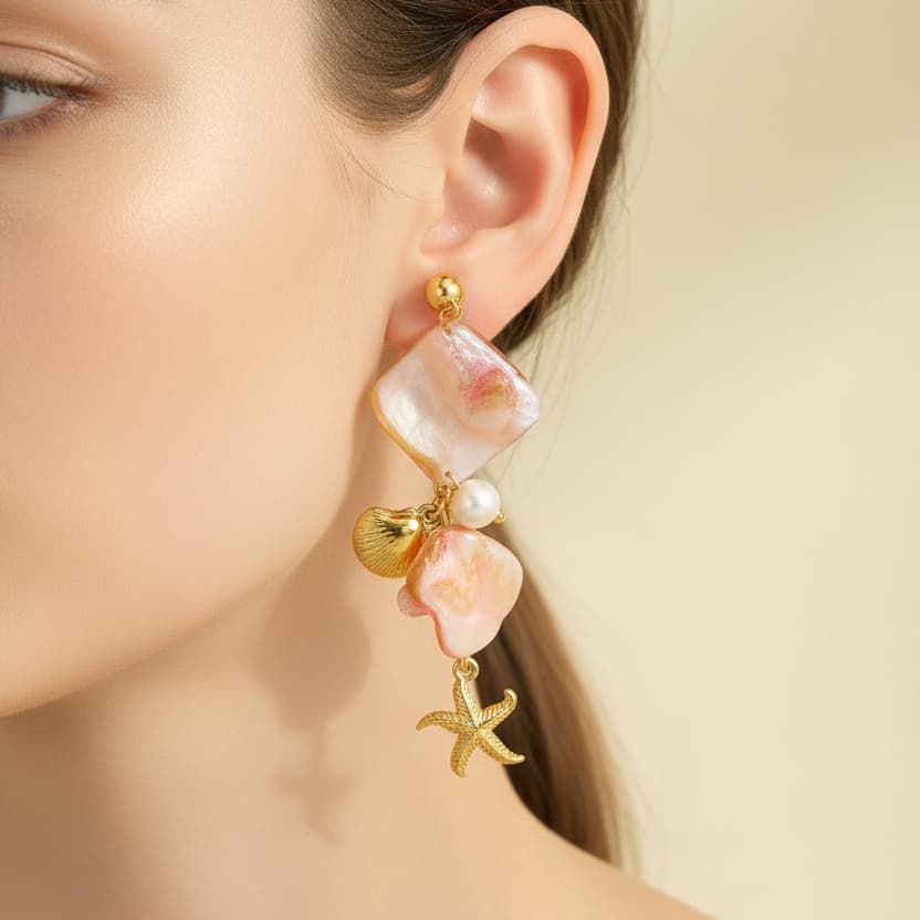Gold plated scallop starfish drop earrings on model — beach vacation statement earrings for women India