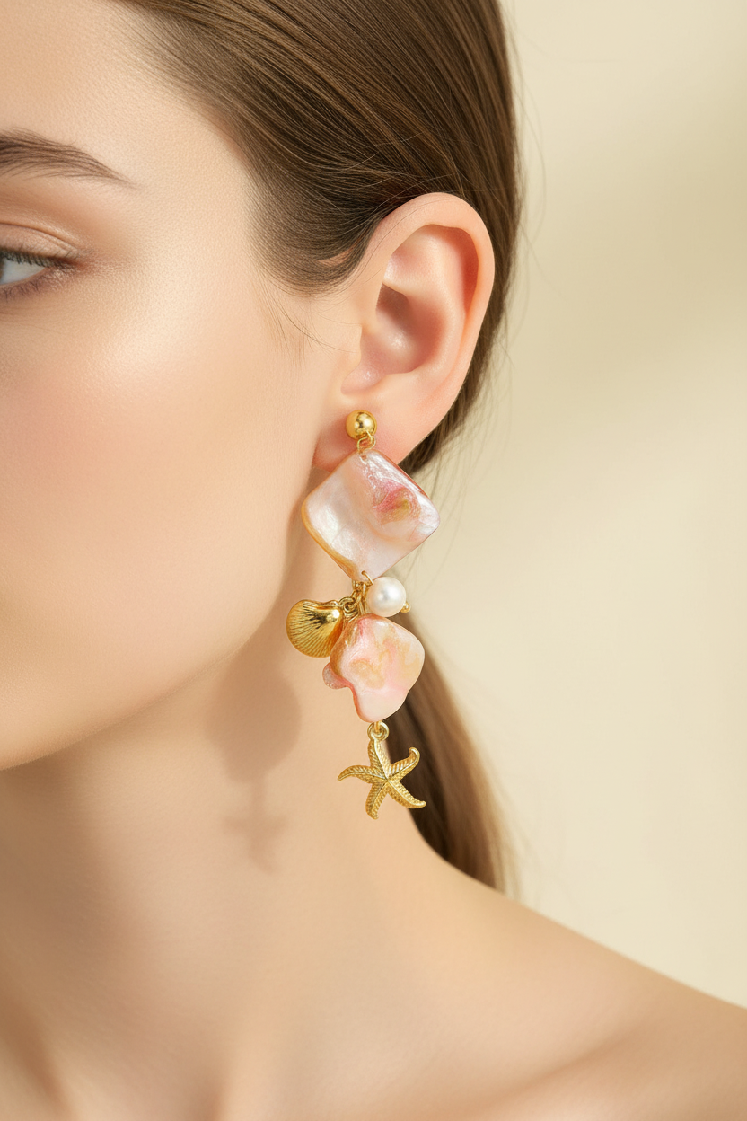 Gold plated scallop starfish drop earrings on model — beach vacation statement earrings for women India