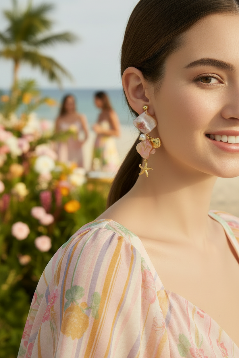 Gold plated scallop starfish drop earrings on model — beach vacation statement earrings for women India