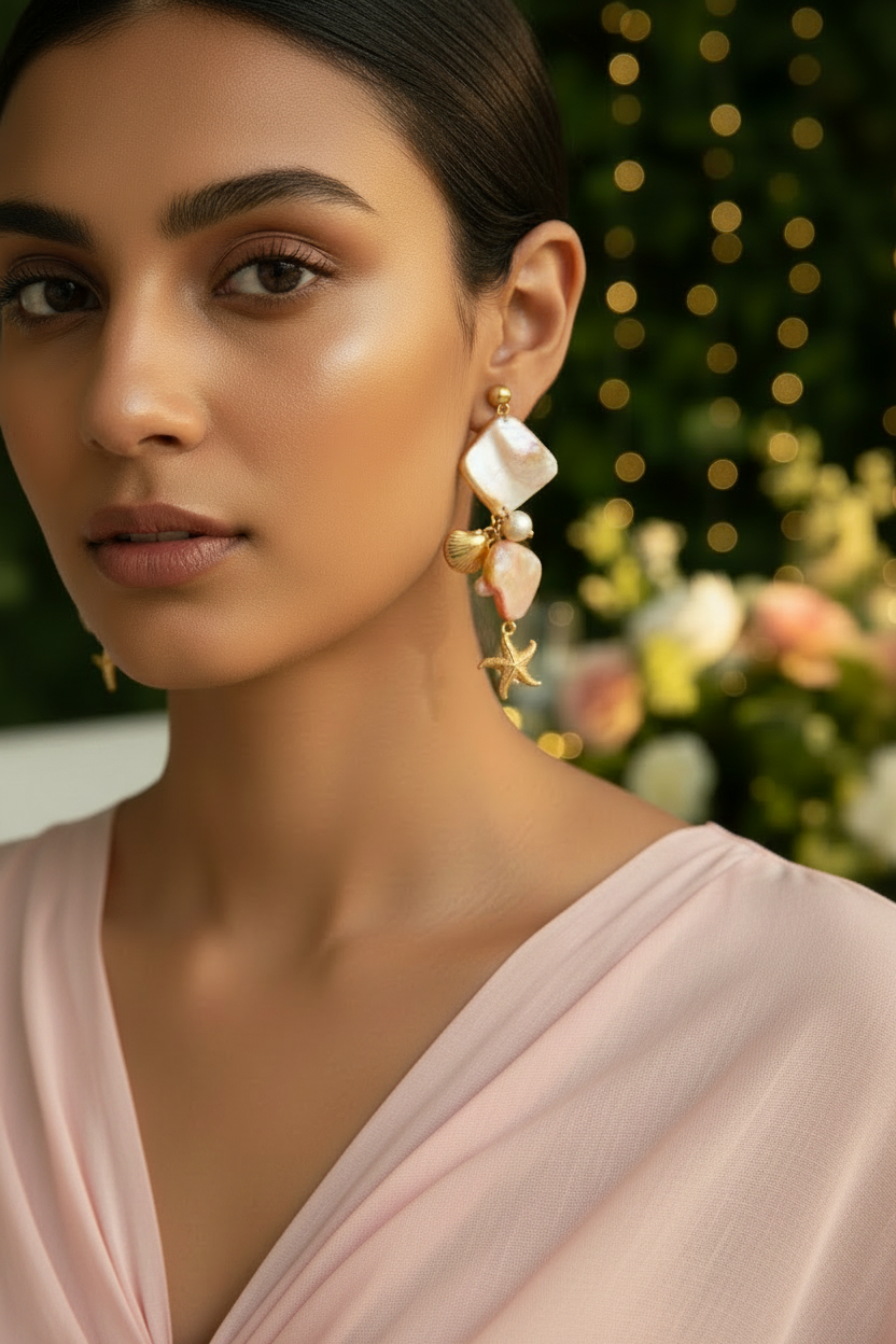 Close-up gold starfish scallop drop earrings – dainty everyday jewellery for women – Oneofé