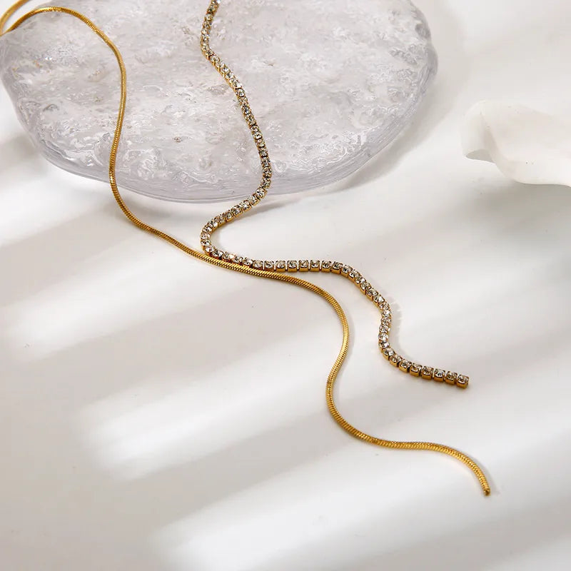 Tennis and snake bone chain spliced necklace detail — Oneofé gold plated jewellery