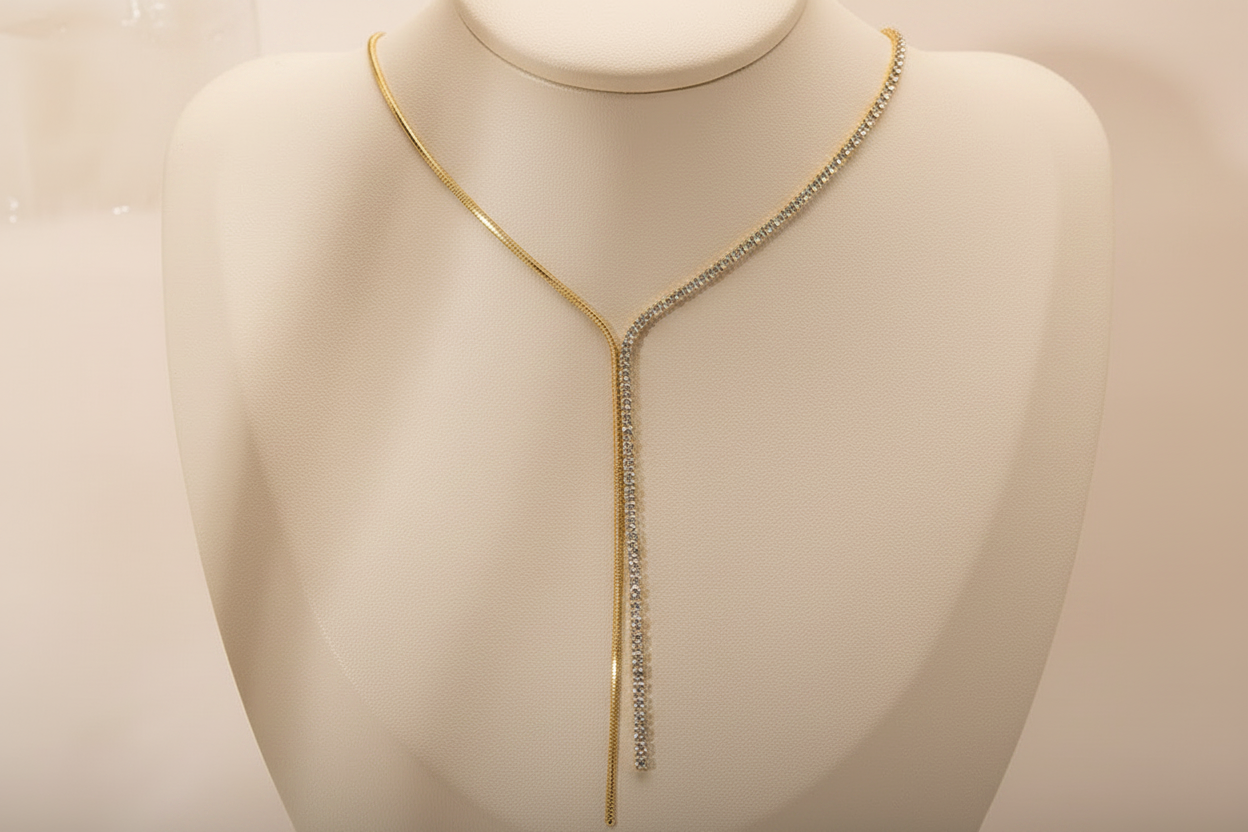 Gold plated tennis snake chain tassel necklace flat lay — Oneofé luxury jewellery