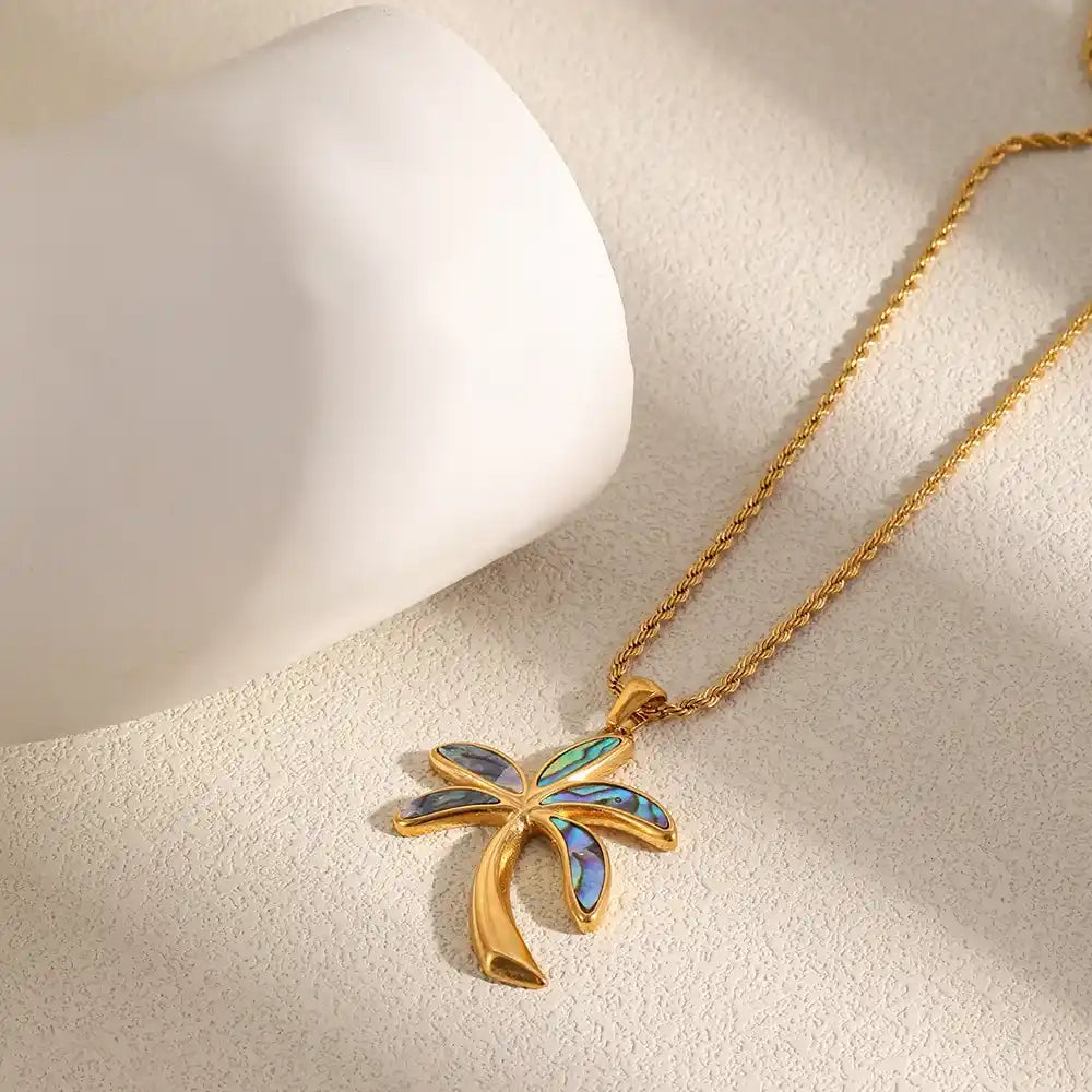 Gold Blue Opal Palm Tree Pendant Necklace – handcrafted statement necklace for women – Oneofé
