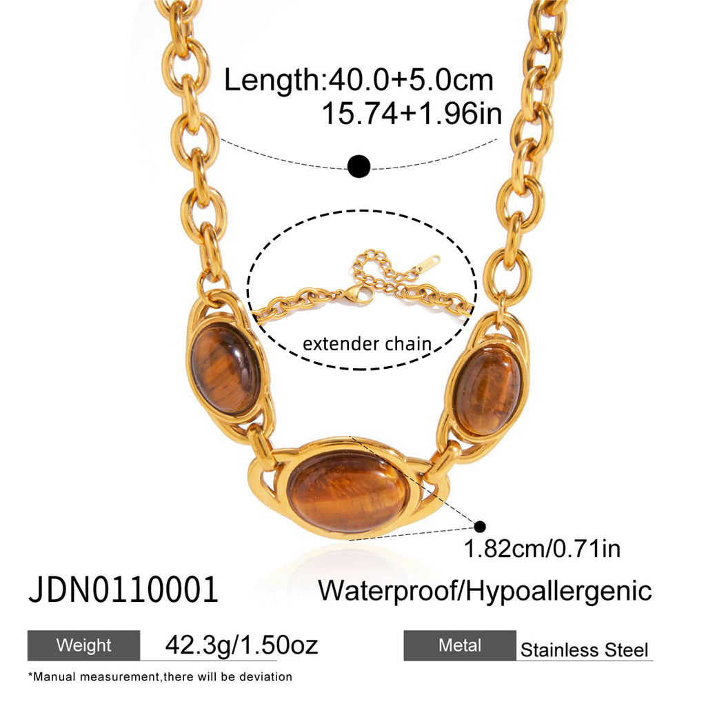 Gold plated tiger eye stone geometric necklace detail – vintage ethnic statement jewellery for women – Oneofé