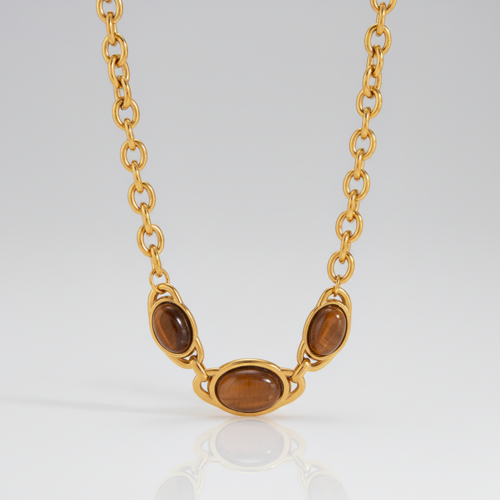 Gold plated tiger eye stone geometric necklace – vintage ethnic statement jewellery for women – Oneofé