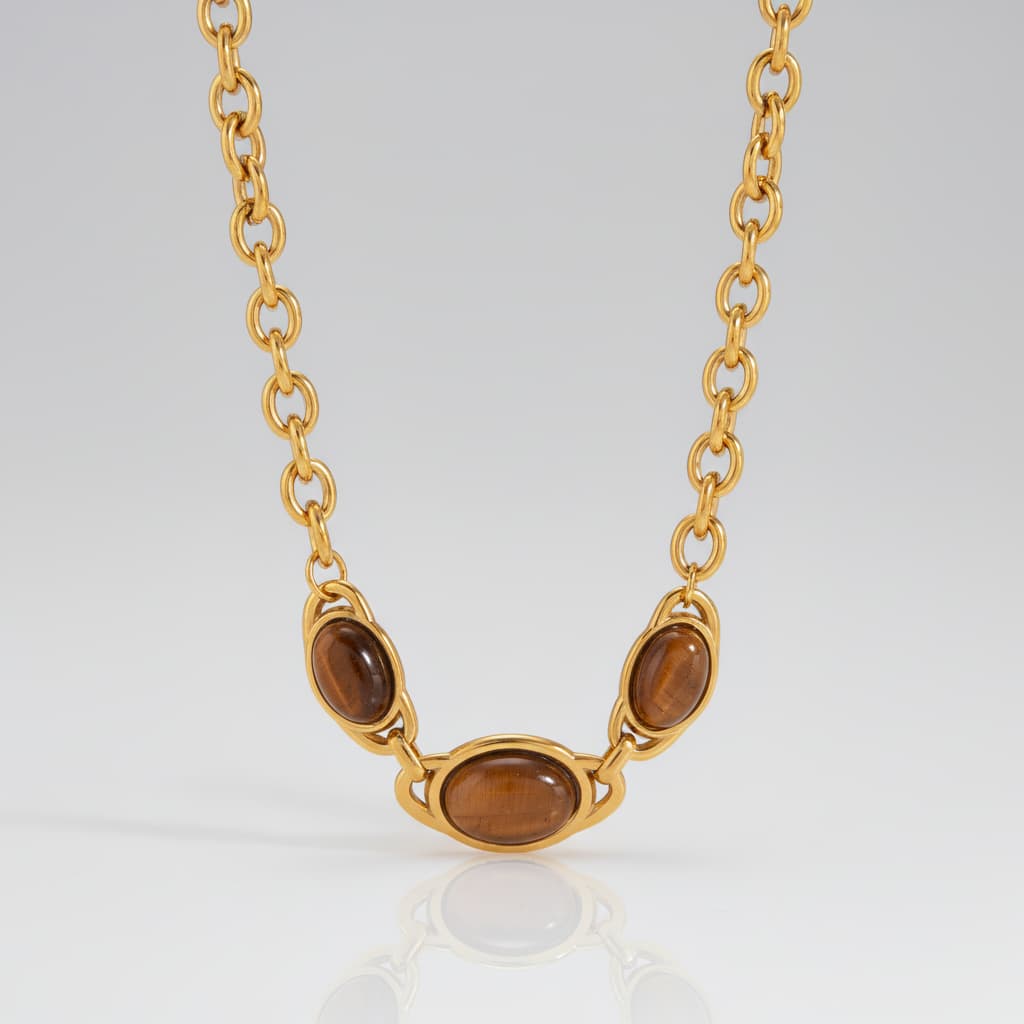 Gold plated tiger eye stone geometric necklace – vintage ethnic statement jewellery for women – Oneofé