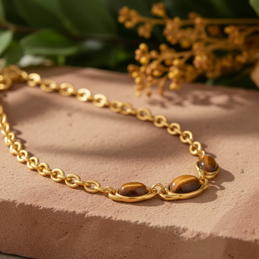 Vintage 18K gold plated tiger eye stone geometric necklace — earthy jewellery for women India