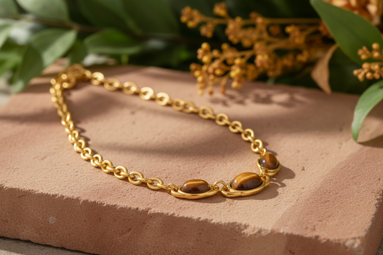 Vintage 18K gold plated tiger eye stone geometric necklace — earthy jewellery for women India