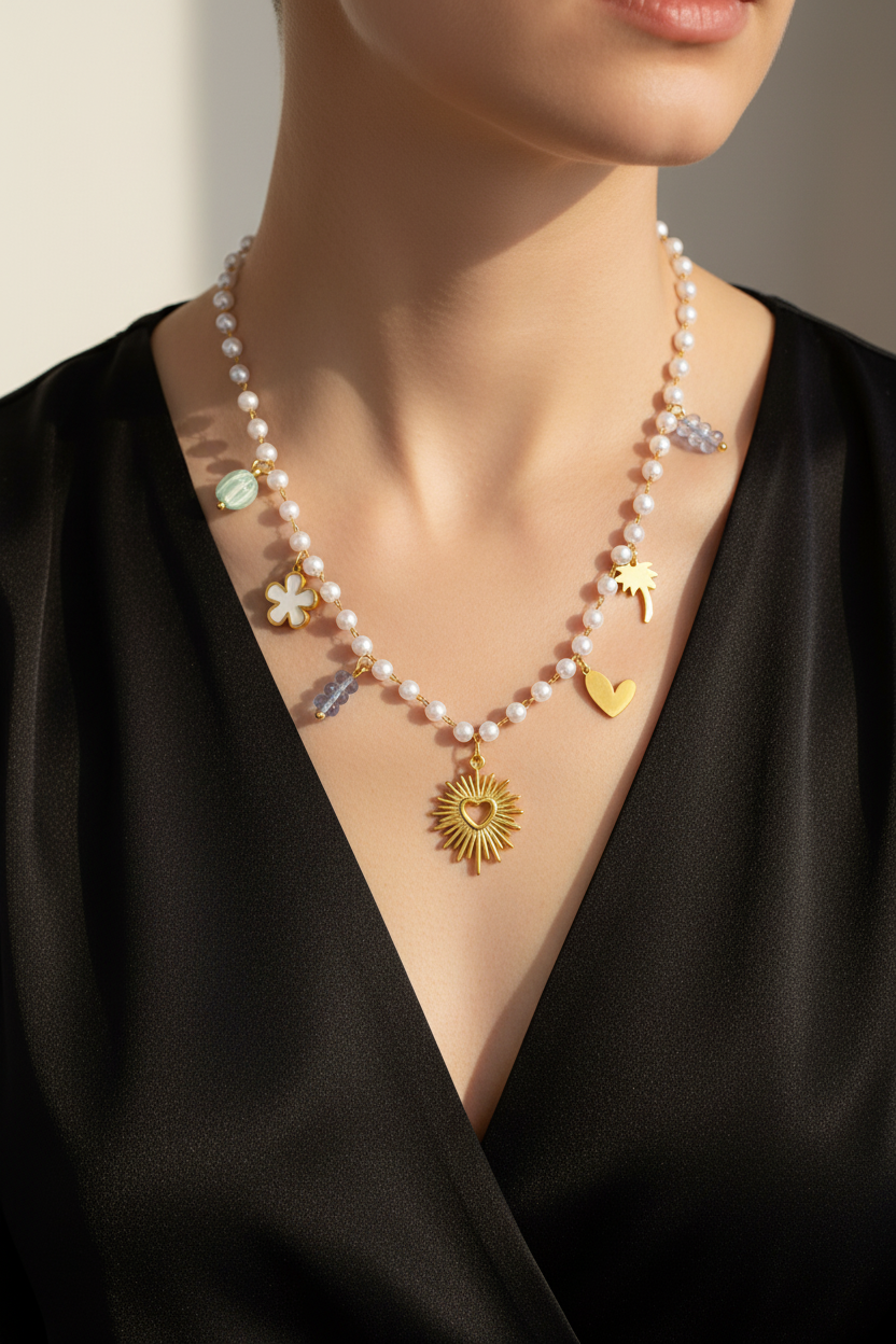 Heart shape multi charms beaded pearl necklace — handmade pastoral style jewellery for women India
