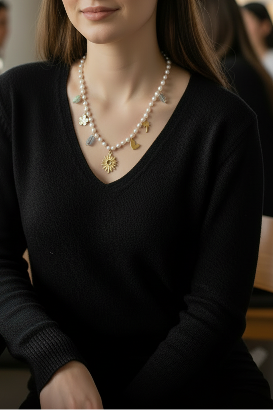 Gold plated heart shape multi charms beaded necklace – dainty everyday jewellery for women – Oneofé