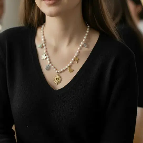 Gold plated heart shape multi charms beaded necklace – styled with attire -dainty everyday jewellery for women – Oneofé
