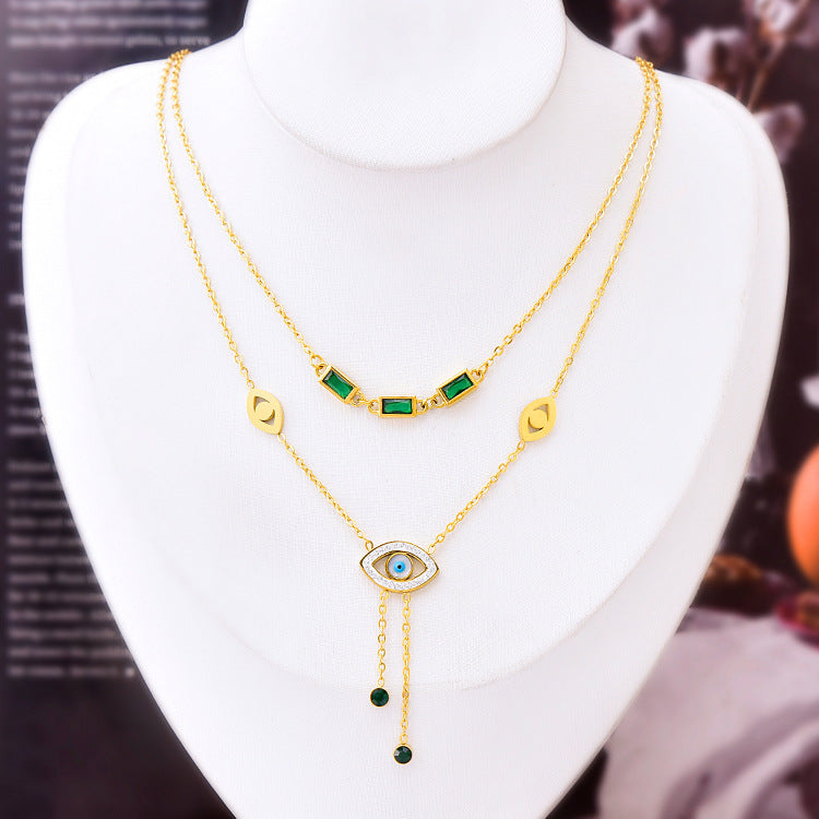 Evil eye gold plated layered necklace with blue zircon — minimalist office wear jewellery for women


