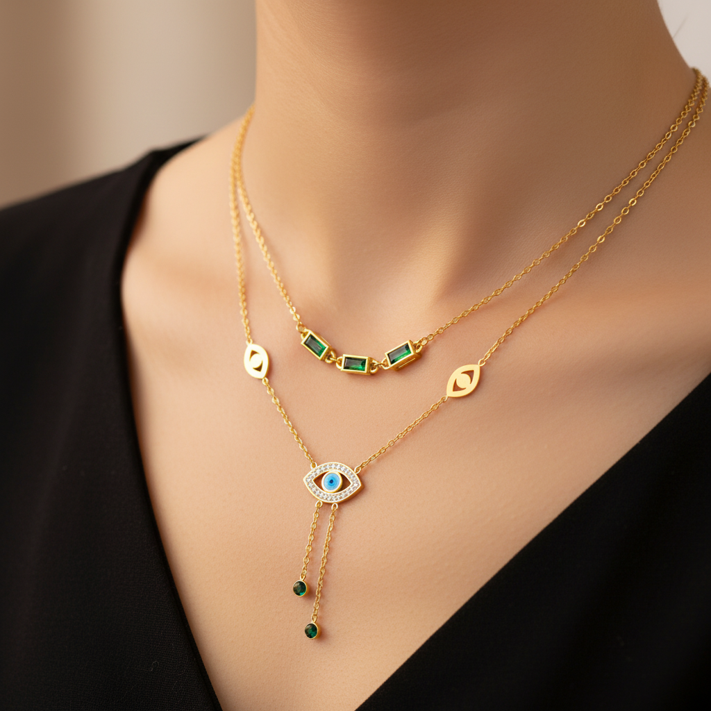 Evil eye gold plated layered necklace with blue zircon — minimalist office wear jewellery for women