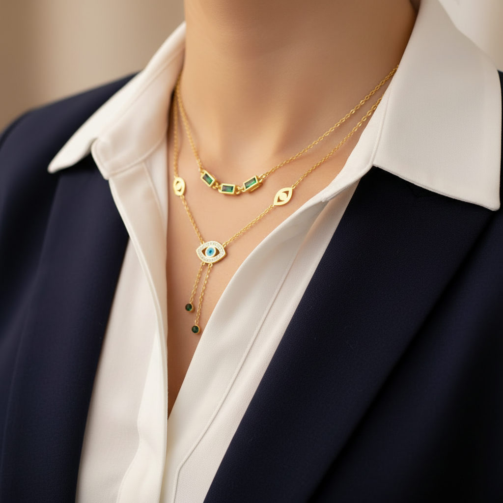 Evil eye gold plated layered necklace with blue zircon — minimalist office wear jewellery for women