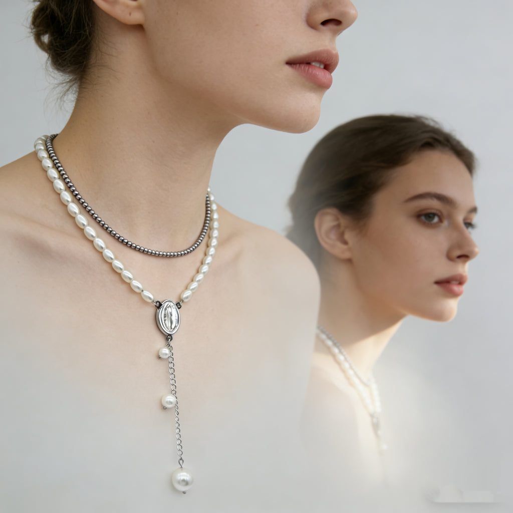 Pearl beading pendant necklace with 18K gold plated beaded chain — elegant jewellery India

