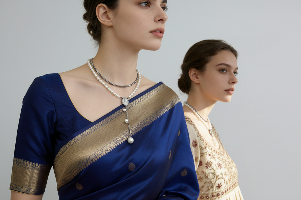 Pearl beading pendant necklace with 18K gold plated beaded chain — gift for her elegant jewellery India

