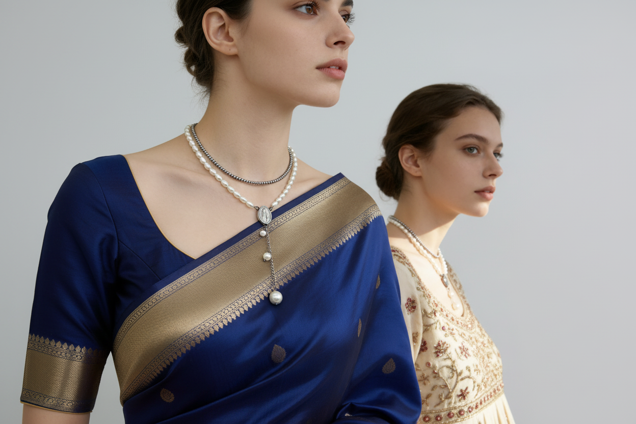 Pearl beading pendant necklace with 18K gold plated beaded chain — gift for her elegant jewellery India

