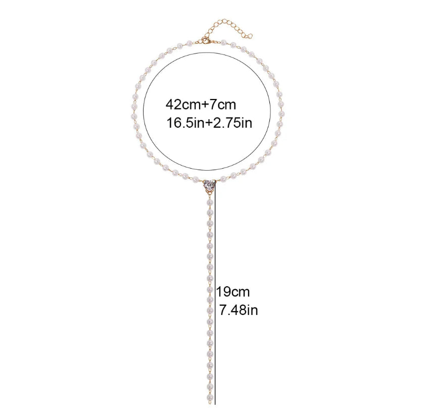 Faux Pearl Y-Lariat Necklace size guide – 42cm + 7cm extender chain, 19cm lariat drop – Oneofé