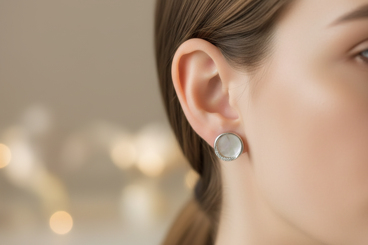 Korean silver plated opal round stud earrings — iridescent minimalist everyday earrings for women