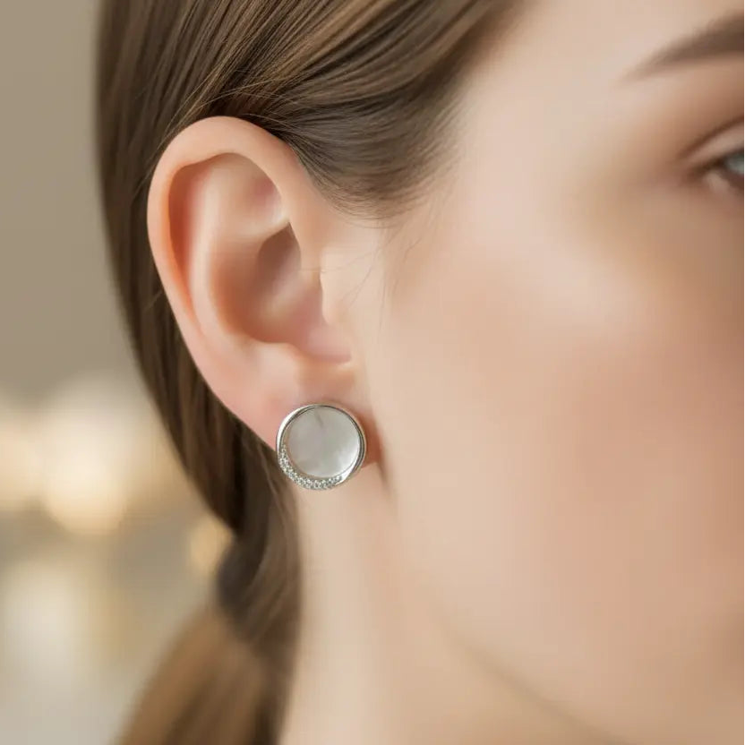 Korean silver plated opal round stud earrings — iridescent minimalist everyday earrings for women