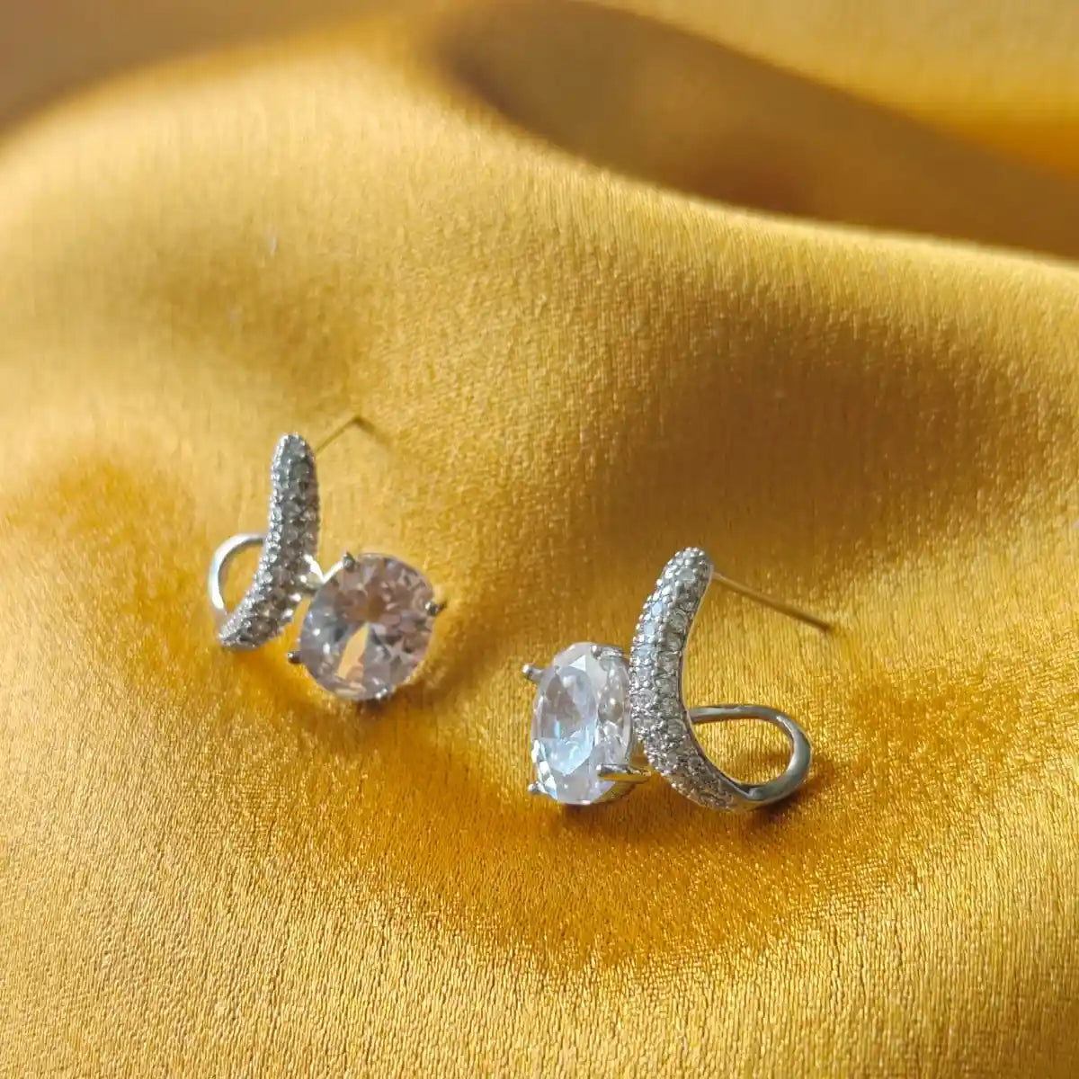 silver plated oval CZ stone earrings – minimalist statement jewellery for women – Oneofé