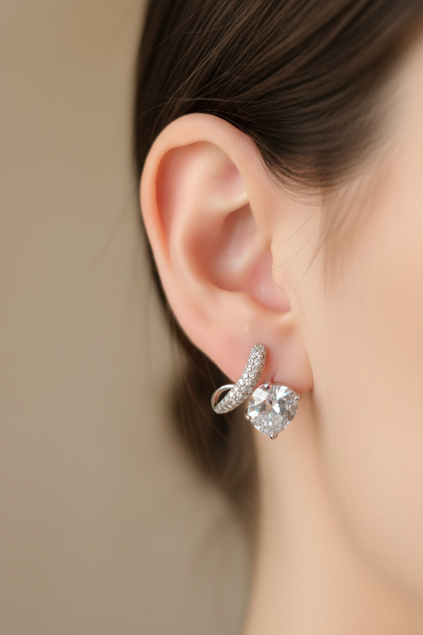 Close-up silver plated oval CZ stone earrings – minimalist statement jewellery for women – Oneofé