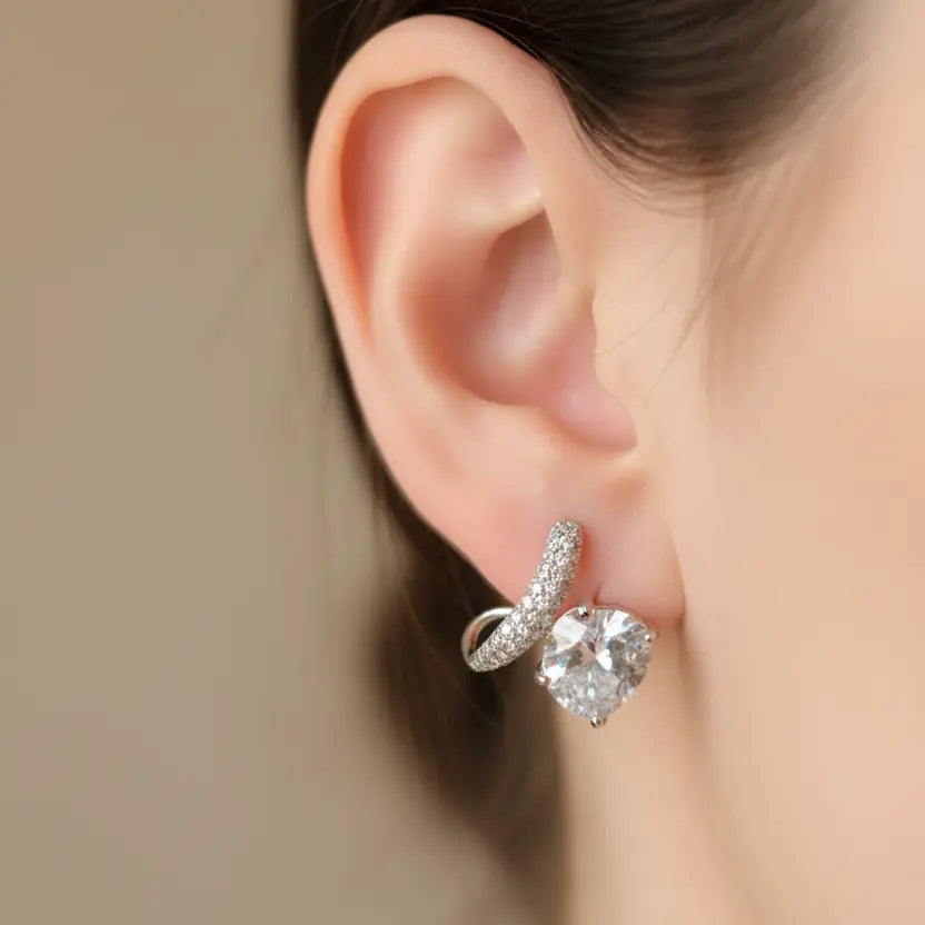 Close-up silver plated oval CZ stone earrings – minimalist statement jewellery for women – Oneofé