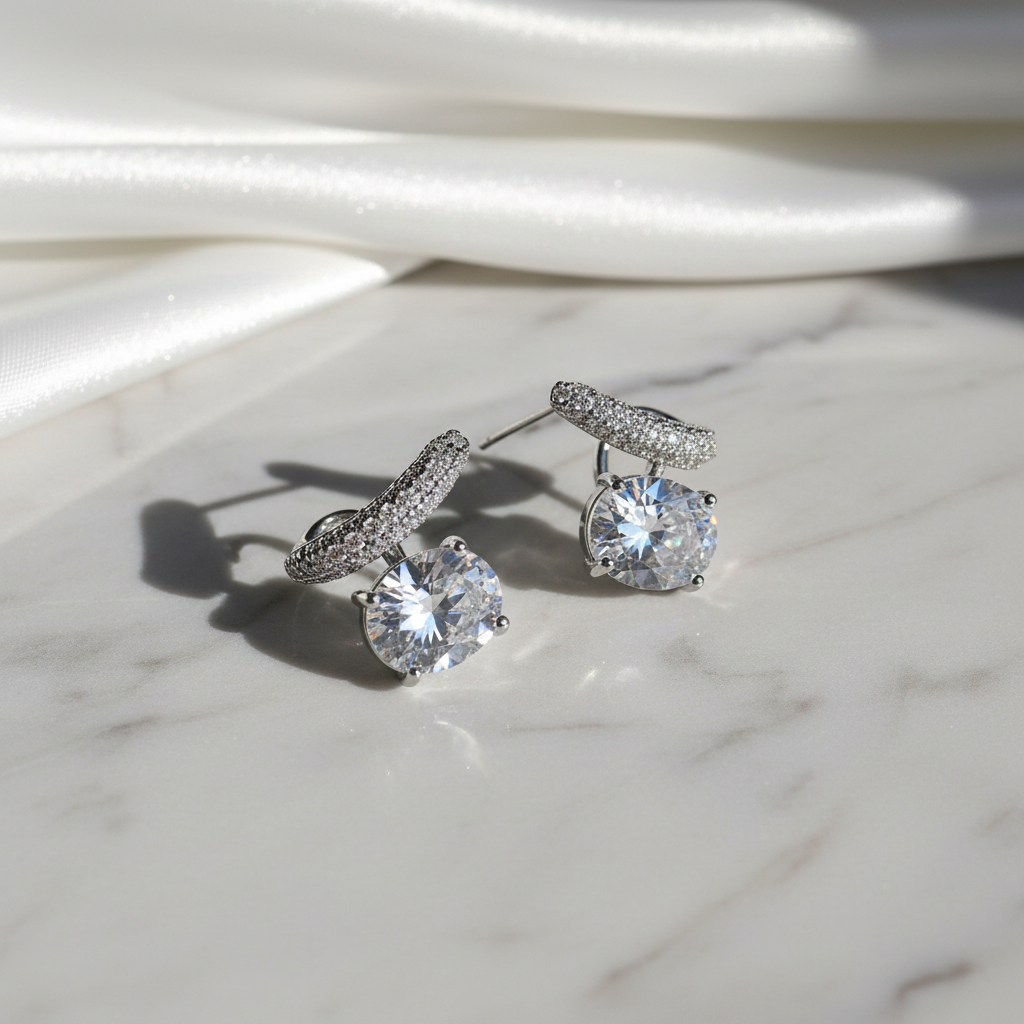 Korean silver plated oval shaped CZ stone stud earrings – dainty everyday jewellery for women – Oneofé